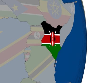 Map of Kenya with its flag on globe. 3D illustration