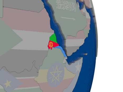 Map of Eritrea with its flag on globe. 3D illustration
