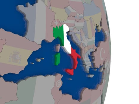 Map of Italy with its flag on globe. 3D illustration