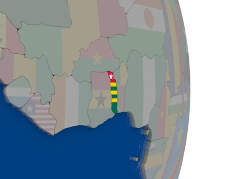 Map of Togo with its flag on globe. 3D illustration