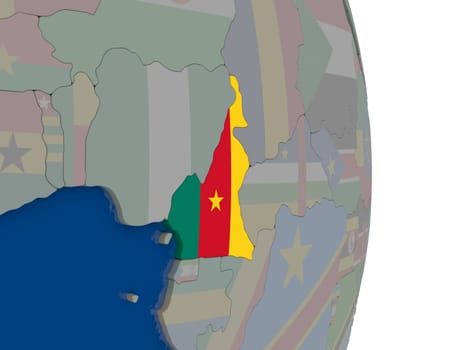 Map of Cameroon with its flag on globe. 3D illustration