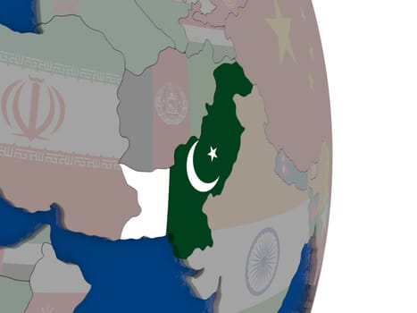 Map of Pakistan with its flag on globe. 3D illustration