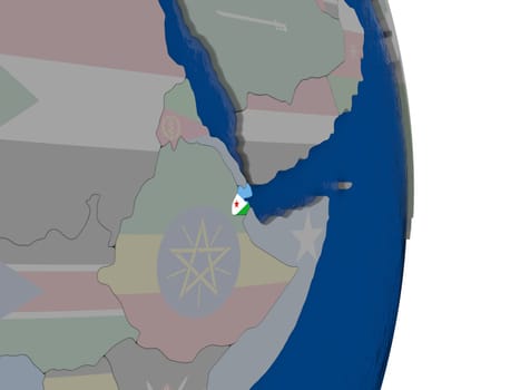 Map of Djibouti with its flag on globe. 3D illustration