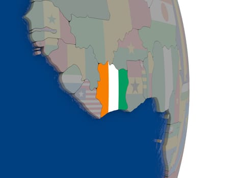 Map of Ivory Coast with its flag on globe. 3D illustration