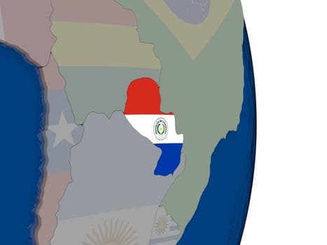 Map of Paraguay with its flag on globe. 3D illustration