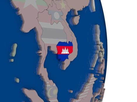 Map of Cambodia with its flag on globe. 3D illustration