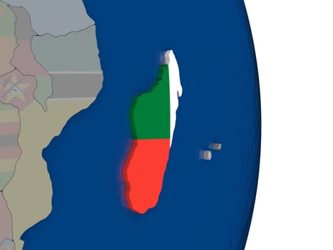 Map of Madagascar with its flag on globe. 3D illustration