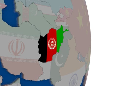 Map of Afghanistan with its flag on globe. 3D illustration