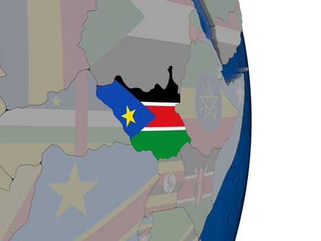 Map of South Sudan with its flag on globe. 3D illustration