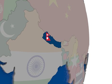 Map of Nepal with its flag on globe. 3D illustration