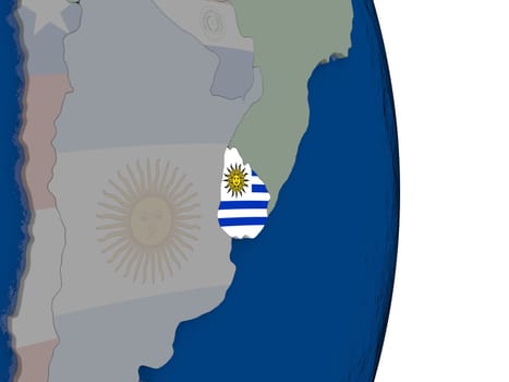 Map of Uruguay with its flag on globe. 3D illustration