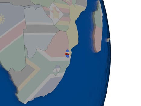 Map of Swaziland with its flag on globe. 3D illustration