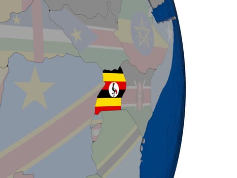 Map of Uganda with its flag on globe. 3D illustration