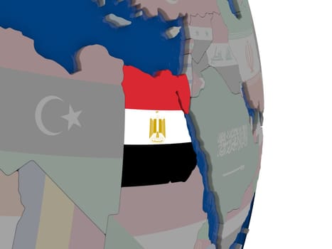 Map of Egypt with its flag on globe. 3D illustration