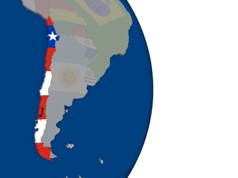 Map of Chile with its flag on globe. 3D illustration