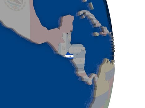 Map of El Salvador with its flag on globe. 3D illustration