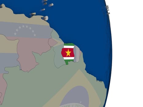 Map of Suriname with its flag on globe. 3D illustration