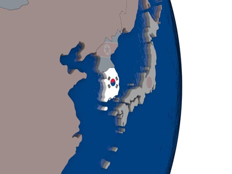 Map of South Korea with its flag on globe. 3D illustration