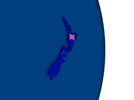 Map of New Zealand with its flag on globe. 3D illustration