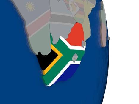 Map of South Africa with its flag on globe. 3D illustration