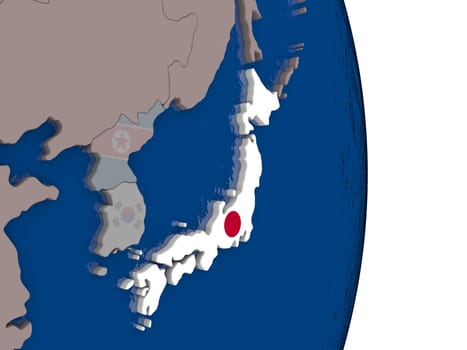 Map of Japan with its flag on globe. 3D illustration