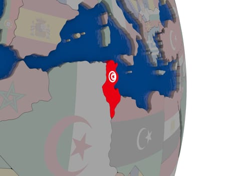 Map of Tunisia with its flag on globe. 3D illustration