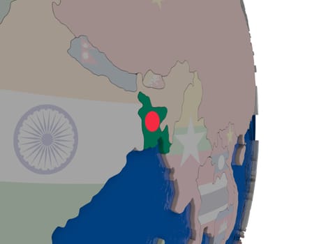 Map of Bangladesh with its flag on globe. 3D illustration