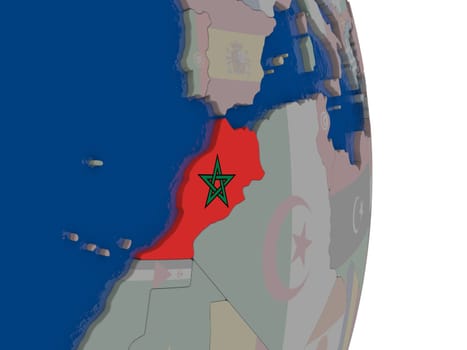 Map of Morocco with its flag on globe. 3D illustration