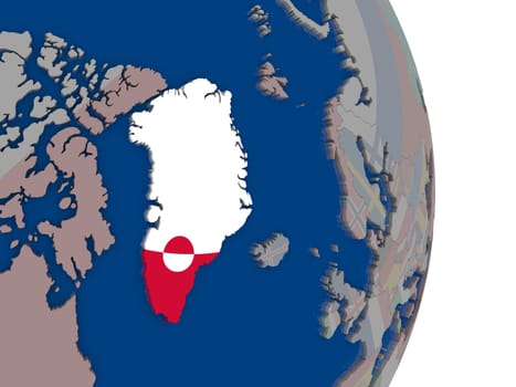 Map of Greenland with its flag on globe. 3D illustration