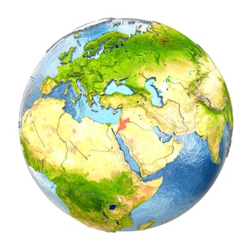 Jordan highlighted in red on Earth. 3D illustration with highly detailed realistic planet surface isolated on white background. Elements of this image furnished by NASA.