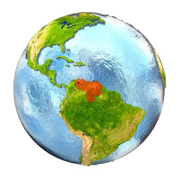 Venezuela highlighted in red on Earth. 3D illustration with highly detailed realistic planet surface isolated on white background. Elements of this image furnished by NASA.
