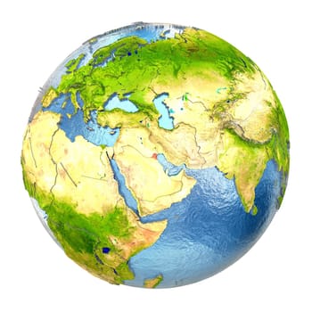 Kuwait highlighted in red on Earth. 3D illustration with highly detailed realistic planet surface isolated on white background. Elements of this image furnished by NASA.