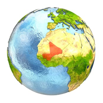 Mali highlighted in red on Earth. 3D illustration with highly detailed realistic planet surface isolated on white background. Elements of this image furnished by NASA.