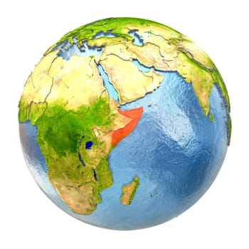 Somalia highlighted in red on Earth. 3D illustration with highly detailed realistic planet surface isolated on white background. Elements of this image furnished by NASA.
