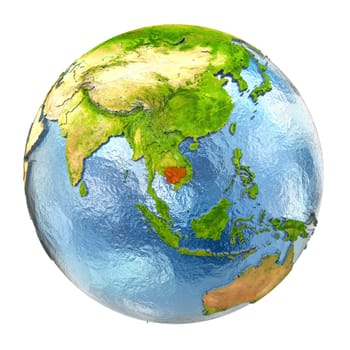Cambodia highlighted in red on Earth. 3D illustration with highly detailed realistic planet surface isolated on white background. Elements of this image furnished by NASA.