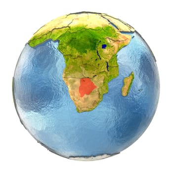 Botswana highlighted in red on Earth. 3D illustration with highly detailed realistic planet surface isolated on white background. Elements of this image furnished by NASA.