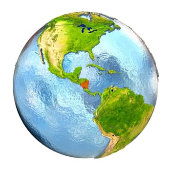 Nicaragua highlighted in red on Earth. 3D illustration with highly detailed realistic planet surface isolated on white background. Elements of this image furnished by NASA.