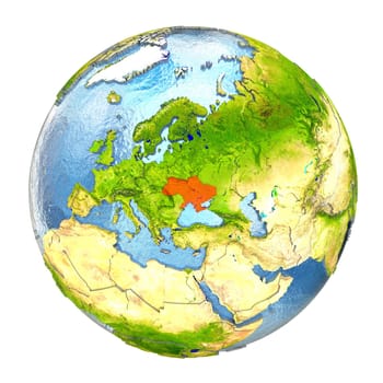 Ukraine highlighted in red on Earth. 3D illustration with highly detailed realistic planet surface isolated on white background. Elements of this image furnished by NASA.