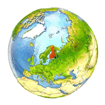 Finland highlighted in red on Earth. 3D illustration with highly detailed realistic planet surface isolated on white background. Elements of this image furnished by NASA.