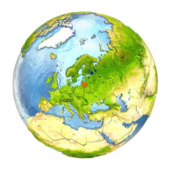 Lithuania highlighted in red on Earth. 3D illustration with highly detailed realistic planet surface isolated on white background. Elements of this image furnished by NASA.