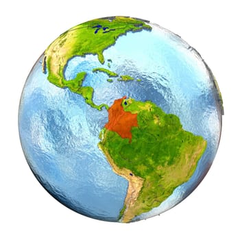 Colombia highlighted in red on Earth. 3D illustration with highly detailed realistic planet surface isolated on white background. Elements of this image furnished by NASA.