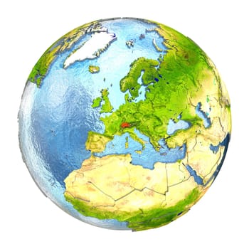 Switzerland highlighted in red on Earth. 3D illustration with highly detailed realistic planet surface isolated on white background. Elements of this image furnished by NASA.