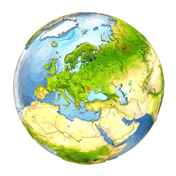 Moldova highlighted in red on Earth. 3D illustration with highly detailed realistic planet surface isolated on white background. Elements of this image furnished by NASA.