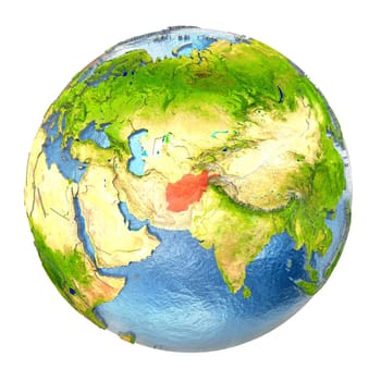 Afghanistan highlighted in red on Earth. 3D illustration with highly detailed realistic planet surface isolated on white background. Elements of this image furnished by NASA.