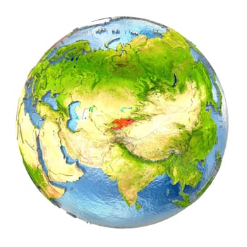 Kyrgyzstan highlighted in red on Earth. 3D illustration with highly detailed realistic planet surface isolated on white background. Elements of this image furnished by NASA.