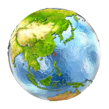 Taiwan highlighted in red on Earth. 3D illustration with highly detailed realistic planet surface isolated on white background. Elements of this image furnished by NASA.