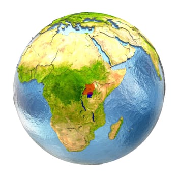 Uganda highlighted in red on Earth. 3D illustration with highly detailed realistic planet surface isolated on white background. Elements of this image furnished by NASA.