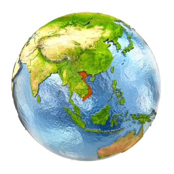 Vietnam highlighted in red on Earth. 3D illustration with highly detailed realistic planet surface isolated on white background. Elements of this image furnished by NASA.