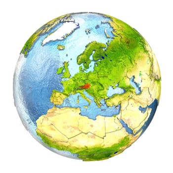 Austria highlighted in red on Earth. 3D illustration with highly detailed realistic planet surface isolated on white background. Elements of this image furnished by NASA.
