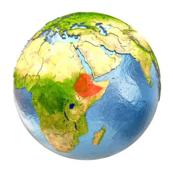 Ethiopia highlighted in red on Earth. 3D illustration with highly detailed realistic planet surface isolated on white background. Elements of this image furnished by NASA.